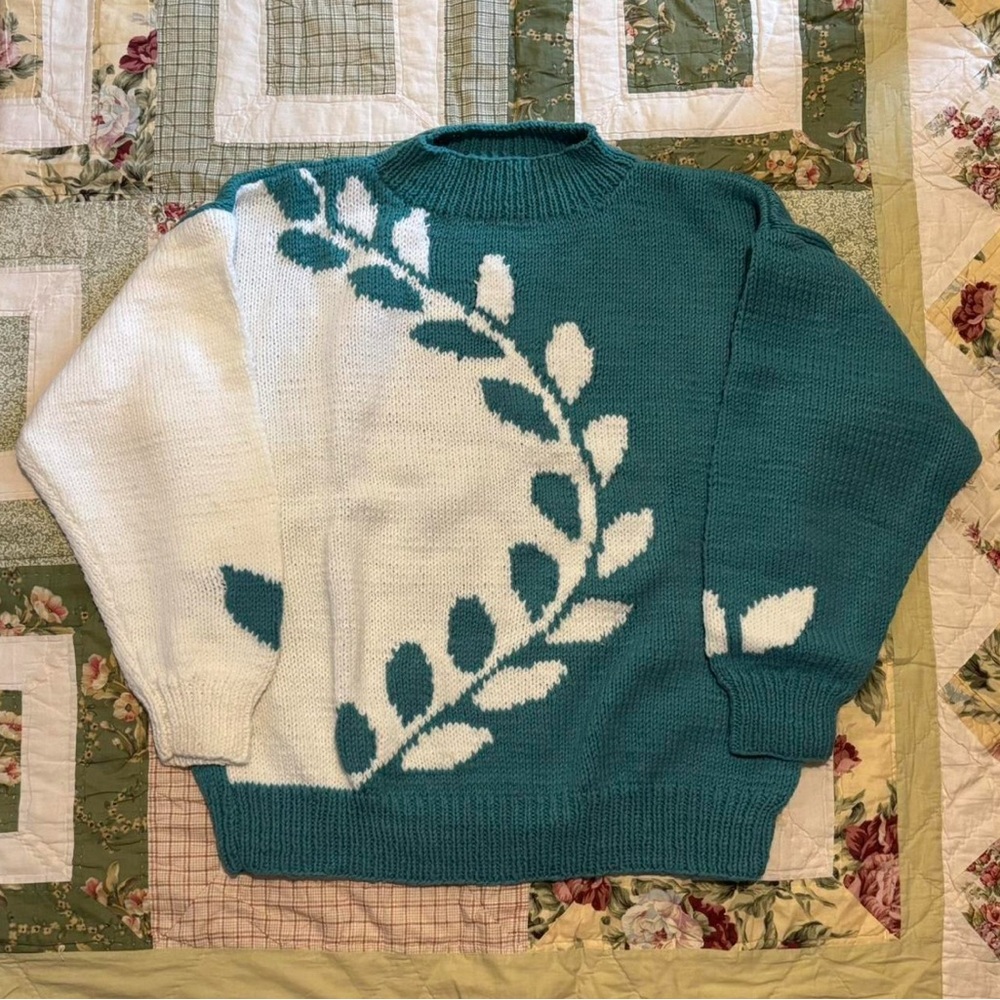 Handknit Teal and White Leaf Pattern Sweater